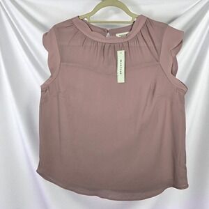 Monteau Blouse Woman XL Mauve Ruffle Cup Sleeve Round Neck Flowy Lined‎ NWT